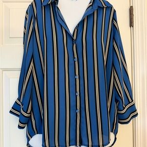 Blue white black Striped Women's Top button down shirt collared shirt
